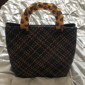 Talbots Brown and Tan Straw Bag with Plastic Tortoiseshell Handles